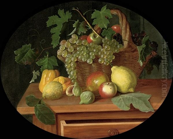 A Basket Of Apples And Grapes Surrounded By Peppers, Lemons, A Pomegranate And Figs On A Table Oil Painting by Michelangelo Meucci