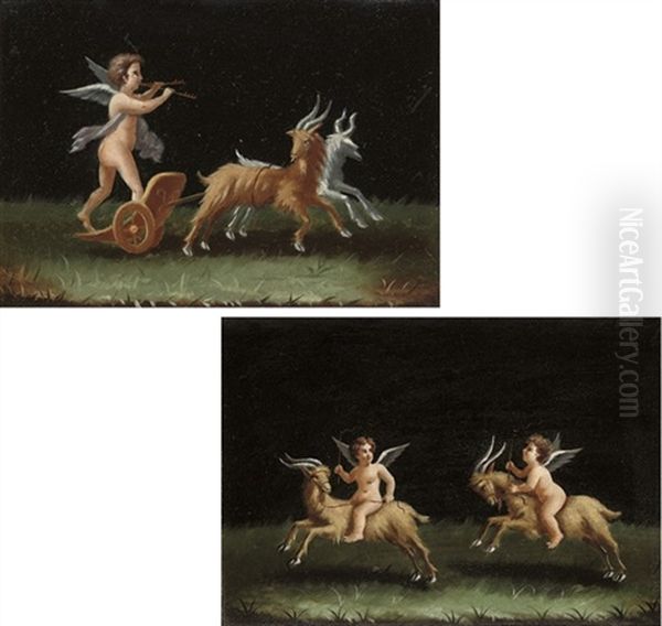 Allegory With Putti Riding Goats (+ A Putto Playing Pipes On A Goat-drawn Chariot; Pair) Oil Painting by Michelangelo Meucci