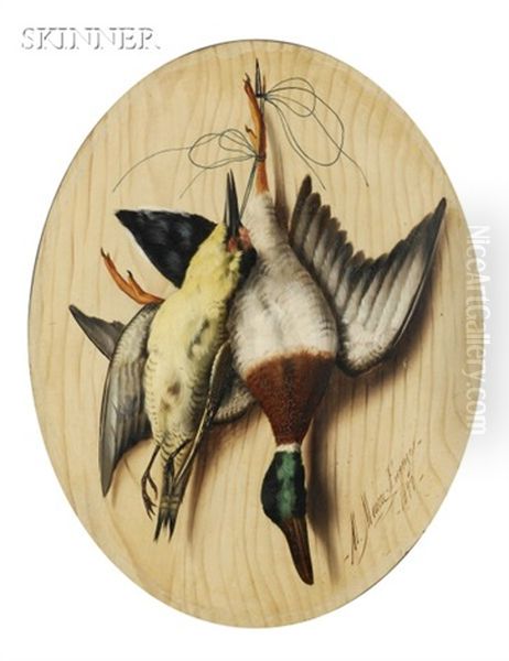 Trompe L'oeil Still Life With Game Birds (+ Another; Pair) Oil Painting by Michelangelo Meucci