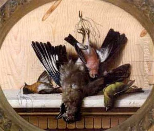 Trompe L'oil Nature Morte Of Four Birds Upon A Marble Mantel Oil Painting by Michelangelo Meucci