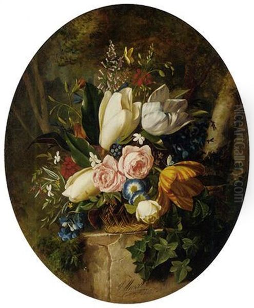 Tulips, Roses, Magnolias, Lilies, Pelargoniums, Convulvulous, Forget-me-nots And Other Summer Flowers In A Basket On A Plinth In A Forest Oil Painting by Michelangelo Meucci