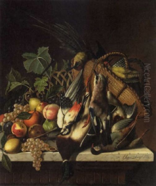 A Still Life With Birds And An Overflowing Basket Of Fruit by Michelangelo Meucci