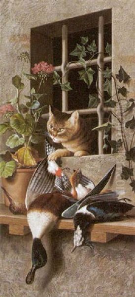 Katze Hinterm Fenster Stibitzt Erlegte Vogel Oil Painting by Michelangelo Meucci