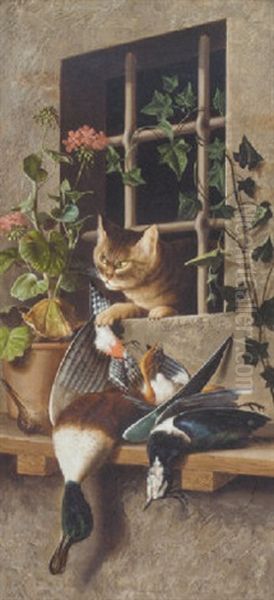 A Cat With Dead Game Oil Painting by Michelangelo Meucci