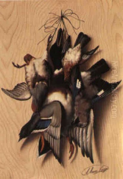 A Mallard, Partridge And Jay Hanging From A Nail Oil Painting by Michelangelo Meucci