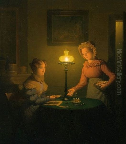 A Lady And A Maid By The Light Of An Oil Lamp Oil Painting by Adrian Meulemans