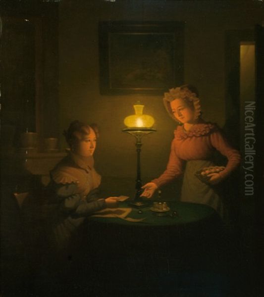 Lady And Servant Girl By The Light Of An Oil Lamp Oil Painting by Adrian Meulemans