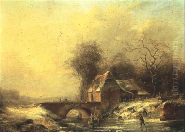 Figures In A Frozen River Landscape Oil Painting by Adrian Meulemans