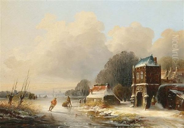 A Winterlandscape With Skaters On A Frozen River Oil Painting by Abraham Adrianus ver Meulen