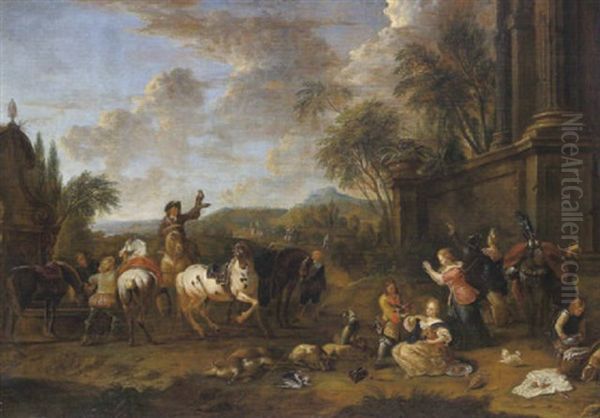 Vornehme Jagdgesellschaft Vor Einem Schlos by Abraham Adrianus ver Meulen