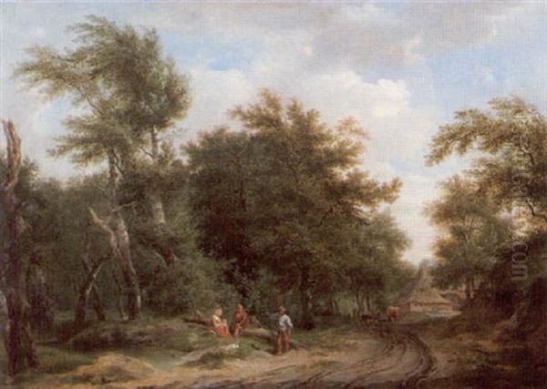 Gronskande Landskap Med Gard, Boskap Och Vilande Figurer Oil Painting by Abraham Adrianus ver Meulen