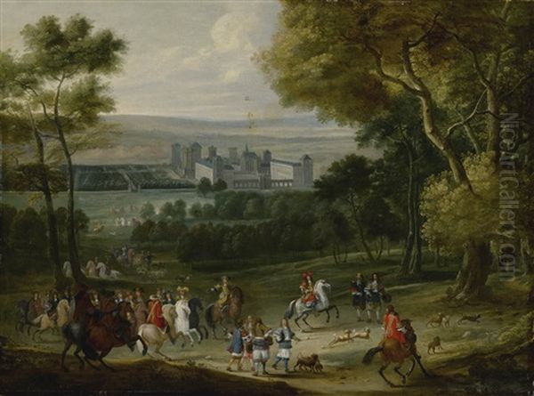 A View Of The Chateau De Vincennes With Louis Xiv Preparing To Leave For The Hunt Oil Painting by Adam Frans van der Meulen