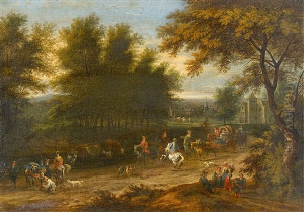 Landscape With A Busy Street Oil Painting by Adam Frans van der Meulen