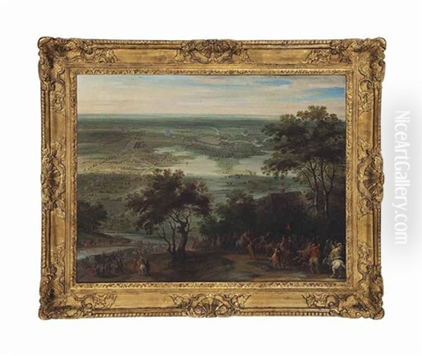 Calvary Gathering In A Panoramic Landscape, A City Under Siege Beyond Oil Painting by Adam Frans van der Meulen