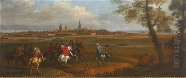 Riders Approaching A River, A View Of Calais Beyond Oil Painting by Adam Frans van der Meulen