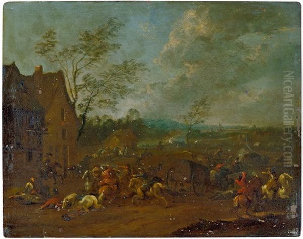 Reiterscharmutzel Vor Einem Gasthaus Oil Painting by Adam Frans van der Meulen