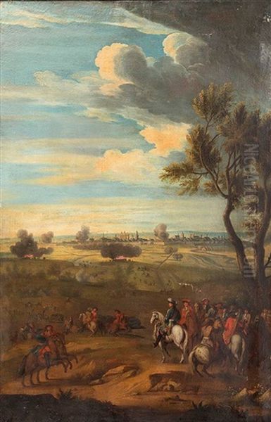 A Military Commander, Generals And Other Officers, Observing A Battle From A Hillside And A Fortified City Beyond Oil Painting by Adam Frans van der Meulen