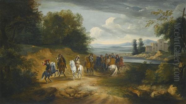 Louis Xiv And Other Cavaliers In An Extensive Landscape Oil Painting by Adam Frans van der Meulen