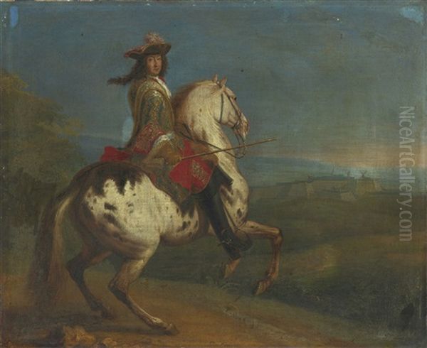 Portrait Of King Louis Xiv Mounted On A Charger Before The Town Of Charleroi Oil Painting by Adam Frans van der Meulen