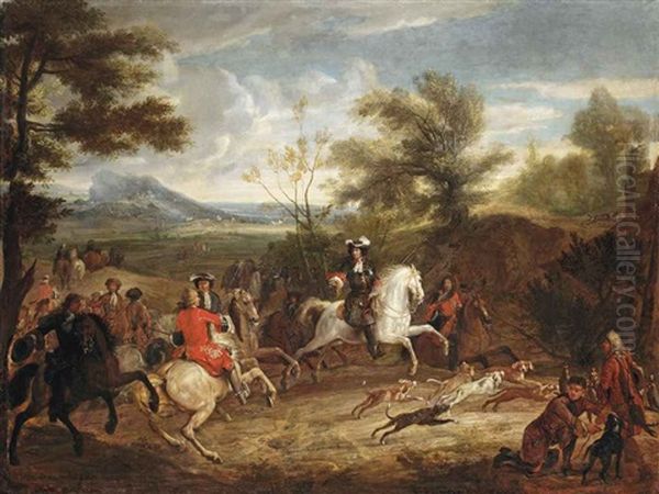 An Elegant Hunting Party And Their Dogs Following A Trail Oil Painting by Adam Frans van der Meulen