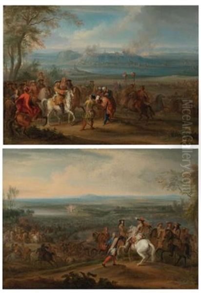 The French Army Crossing The Rhine At Lobith; The Siege Of Belgrade (pair) by Adam Frans van der Meulen