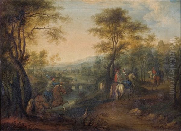 Elegantly Dressed Figures On Horseback In A Wooded Landscape Being Attacked By A Bandit Oil Painting by Adam Frans van der Meulen