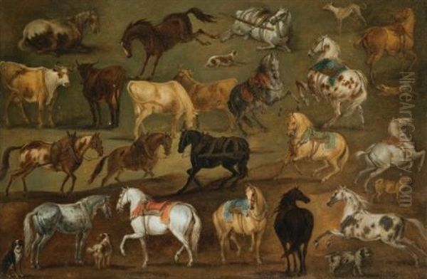 Horses, Cows And Dogs (study) Oil Painting by Adam Frans van der Meulen