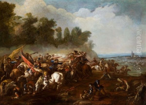 Cavalry Skirmish In An Extensive Landscape With Village In The Distance Oil Painting by Adam Frans van der Meulen