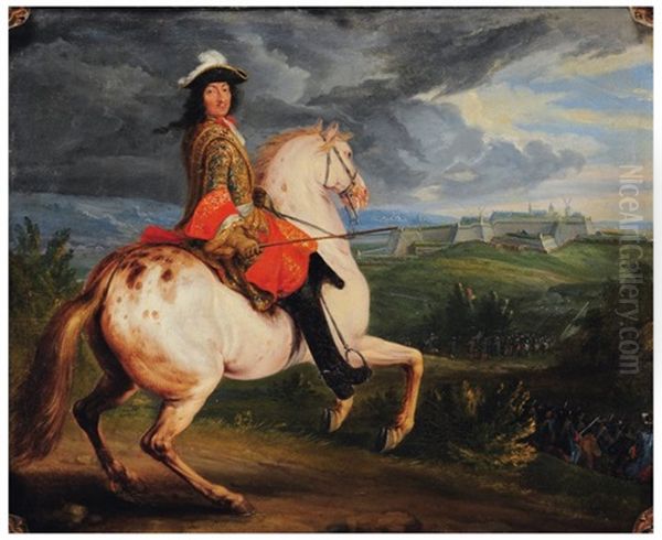 Portrait Equestre De Louis Xiv Devant Charleroi Oil Painting by Adam Frans van der Meulen