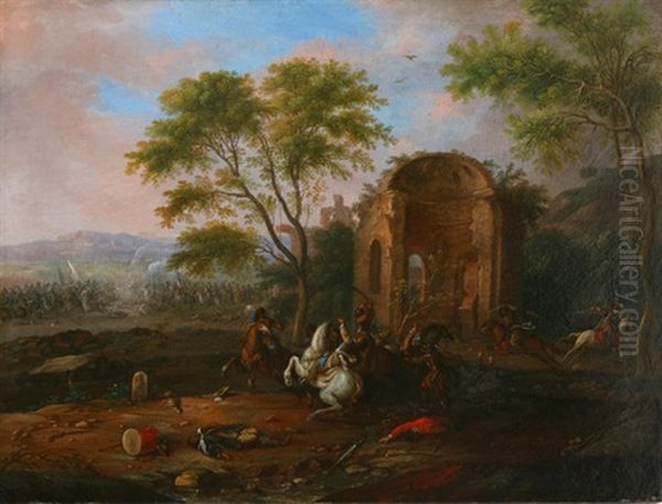 Reitergefecht Vor Einer Ruine Unter Baumen Oil Painting by Adam Frans van der Meulen