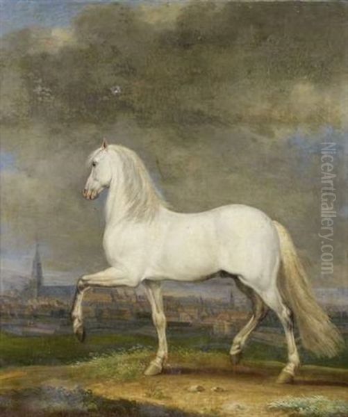 Cheval Blanc Devant La Ville De Lille Oil Painting by Adam Frans van der Meulen