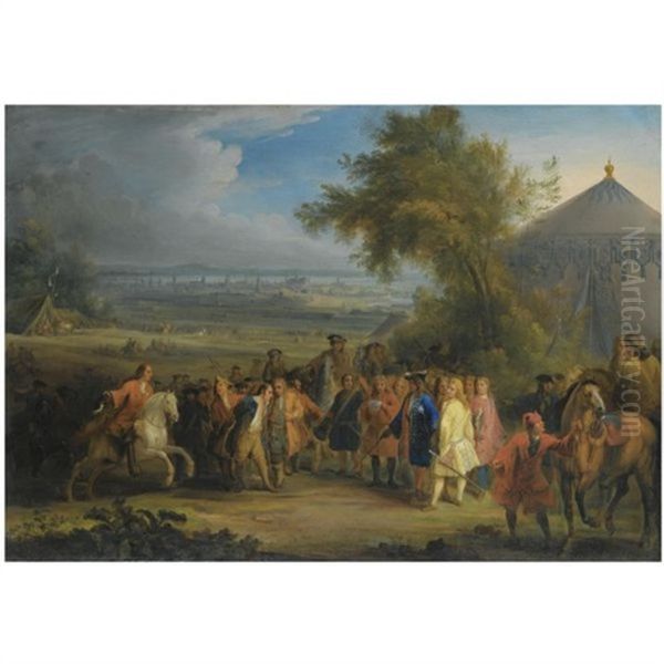 An Extensive Landscape With Louis Xiv Of France Being Presented With A Prisoner Of War In The Foreground, A Battle Beyond Oil Painting by Adam Frans van der Meulen