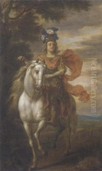 An Equestrian Portrait (johann William, Elector Of The Palatine?) In An Ancient Roman Military Leader Dress, In A Landscape Oil Painting by Adam Frans van der Meulen