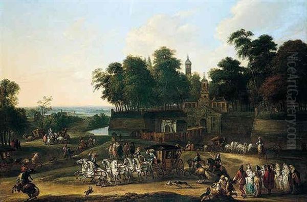 A Landscape With Noblemen In Their Carriages And Other Elegant Figures Before A Moated Town Oil Painting by Adam Frans van der Meulen