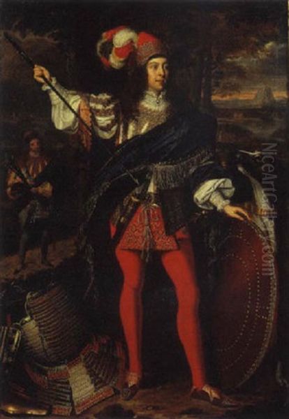 Ritratto Di Gentiluomo In Veste Ricamata, Manto Di Brocatto Rosso, Capello Piumato, Con Armi Da Parata Oil Painting by Adam Frans van der Meulen