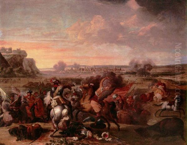 A Battle Scene With A Town Beyond Oil Painting by Adam Frans van der Meulen