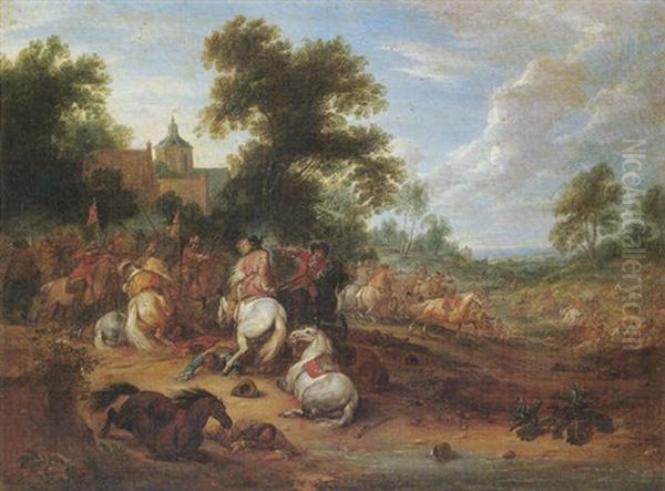 A Landscape With A Cavalry Skirmish Oil Painting by Adam Frans van der Meulen