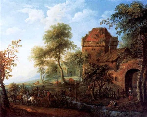 Pferdekarren Auf Einem Weg Am Ufer Eines Flusses Oil Painting by Adam Frans van der Meulen