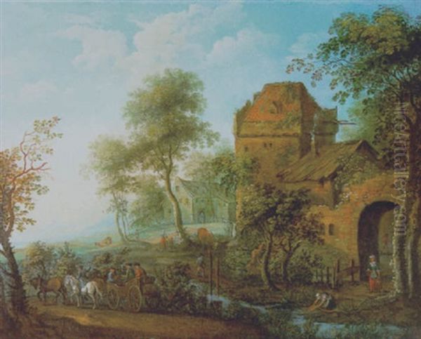 Pferdekarren Auf Einem Weg Am Ufer Eines Flusses Oil Painting by Adam Frans van der Meulen