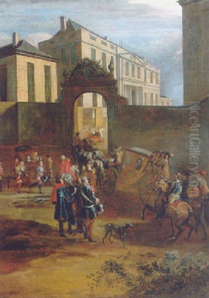 A Nobleman In A Horse-drawn Carriage Welcomed At The Gate Of His Country Mansion Oil Painting by Adam Frans van der Meulen