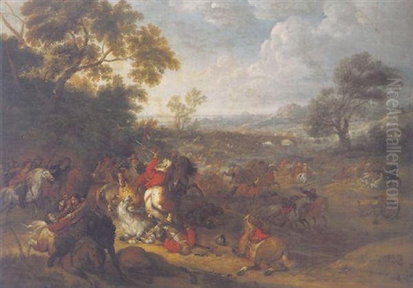 A Calvalry Battle In A River Landscape Oil Painting by Adam Frans van der Meulen