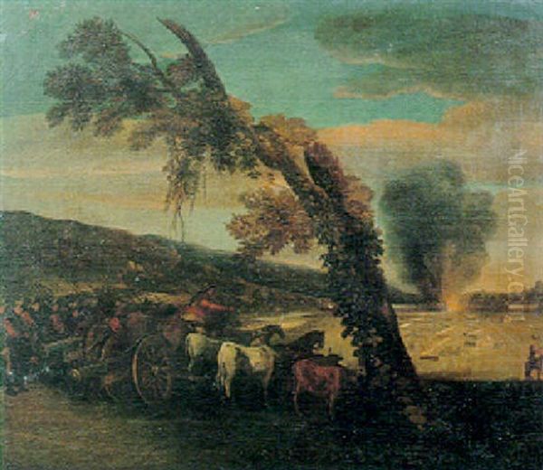 Cavalieri Ed Artiglieri Presso Una Fortificazione Assediata In Fiamme Oil Painting by Adam Frans van der Meulen