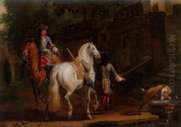 An Elegant Horseman Preparing To Depart Oil Painting by Adam Frans van der Meulen