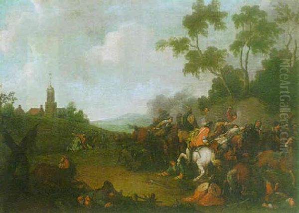 Cavalry Engagement Beside A Town Oil Painting by Adam Frans van der Meulen