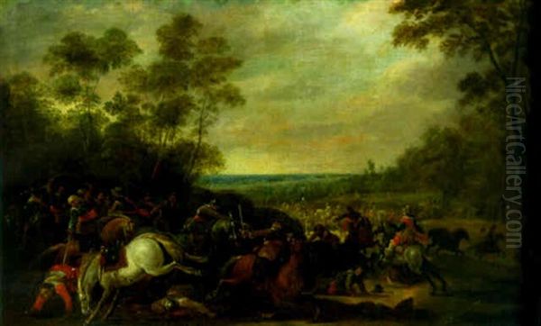 A Cavalry Battle Oil Painting by Adam Frans van der Meulen