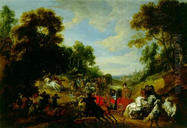 A Coach Train Being Ambushed In A Wood Oil Painting by Adam Frans van der Meulen