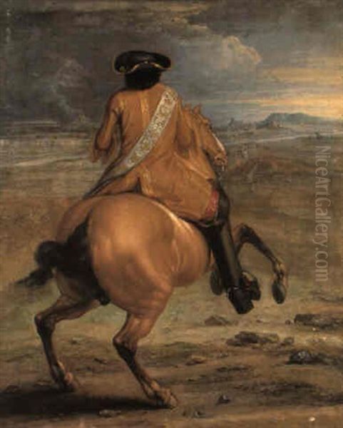 Un Jeune Page Tenant Les Rennes D'un Cheval Qui Se Cabre Oil Painting by Adam Frans van der Meulen