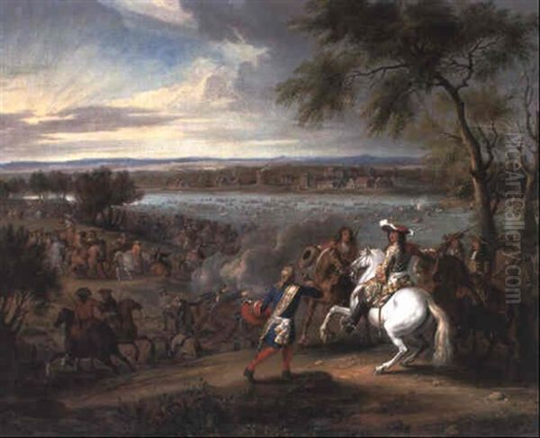 King Louis Xiv Of France Crossing The Rhine Near Lobith In 1672 Oil Painting by Adam Frans van der Meulen