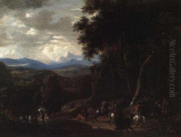 An Extensive Mountainous Landscape With An Ambush On A Wooded Path Oil Painting by Adam Frans van der Meulen