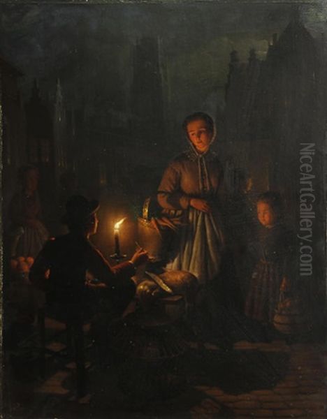 A Night Market Oil Painting by Andreas Franciscus ver Meulen